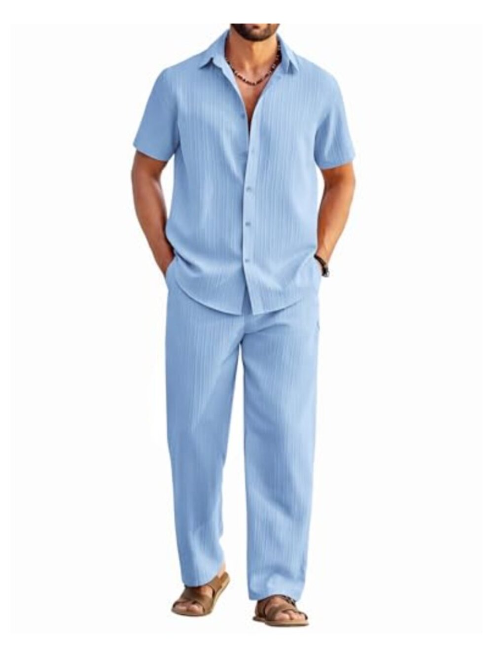 Mens 2 Piece Outfits Summer Beach Textured Button Down Shirt Loose Pants Set
